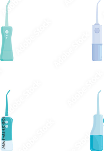 Collection of colorful electric water flossers for dental hygiene isolated on a white background