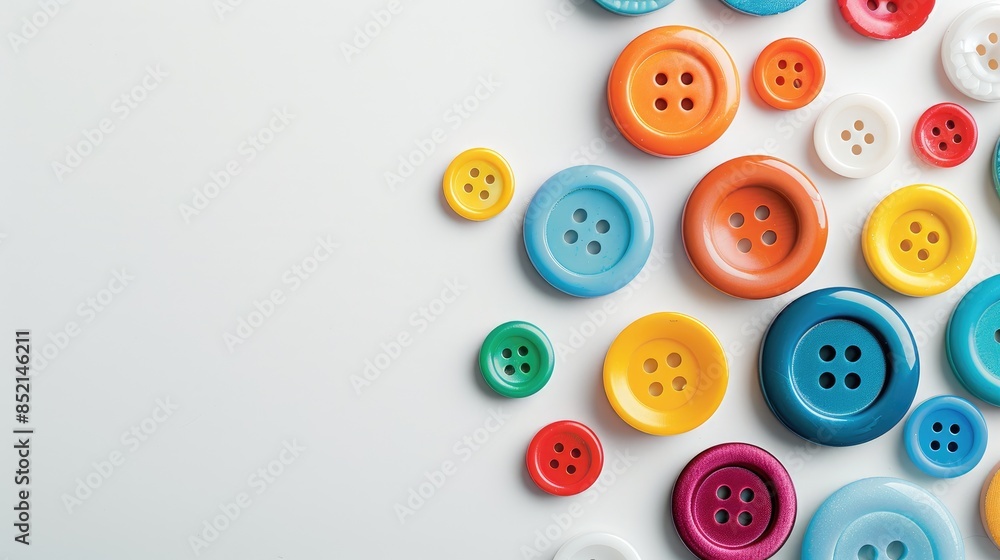 Vibrant buttons on white background in circular layout representing sewing and creativity Blank space available Vibrant buttons on white background in circular layout representing sewing and creativity Blank space available