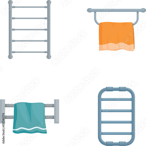 Collection of four flat design icons featuring various towel racks and bars with hanging towels