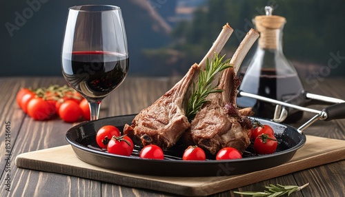 Grilled lamb with cherry tomatoes and rosemary, served with red wine Gourmet cuisine pure