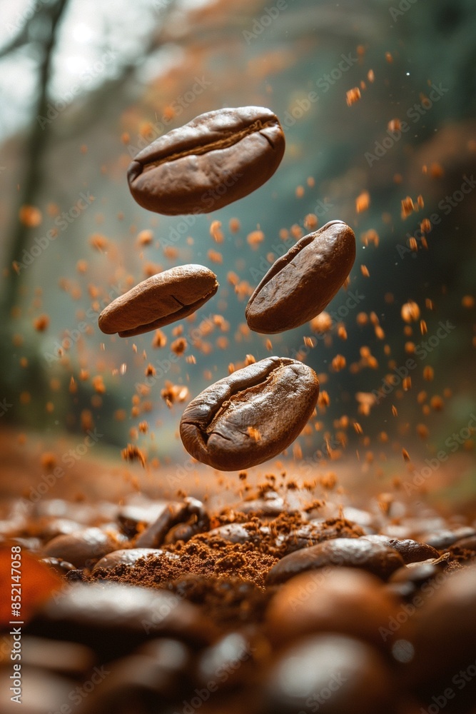 Dynamic shot of flying coffee beans with a bokeh background. Perfect for creative coffee advertising and designs. Dynamic shot of flying coffee beans with a bokeh background. Perfect for creative coffee advertising and designs.