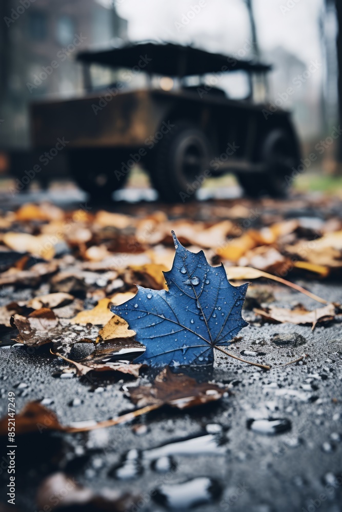a blue leaf sits on the ground in front of an old truck a blue leaf sits on the ground in front of an old truck