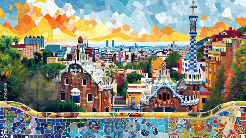 vector illustration of Park guell in Barcelona with a cityscape in the background, colorful mosaic tiles, cubism, isolated on a white background