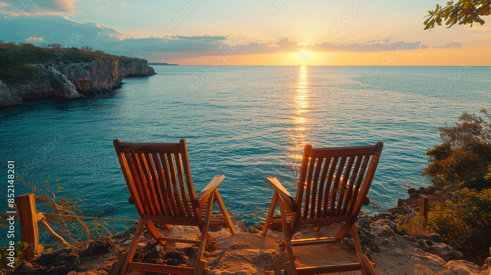Two wooden chairs on a cliffside overlooking a serene ocean sunset, perfect for relaxation and contemplation Two wooden chairs on a cliffside overlooking a serene ocean sunset, perfect for relaxation and contemplation