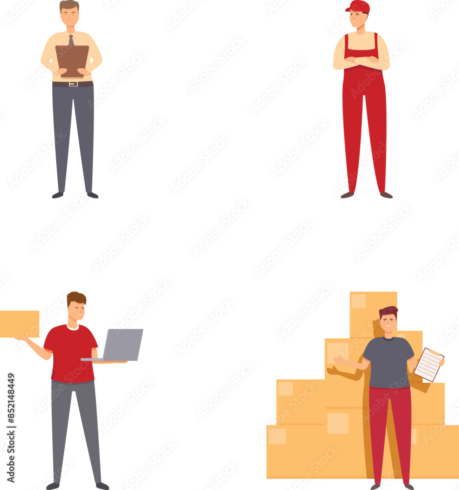 Obraz premium Illustration set showing delivery men with packages, a checklist, and a laptop