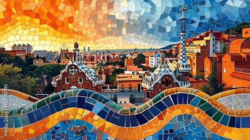 vector illustration of Park guell in Barcelona with a cityscape in the background, colorful mosaic tiles, cubism, isolated on a white background