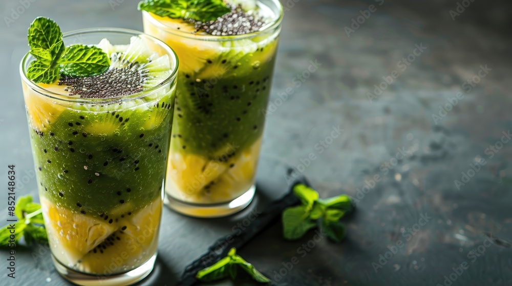 Fototapeta premium Layered smoothie made with kiwi pineapple chia seeds and mint on a dark background with space for text