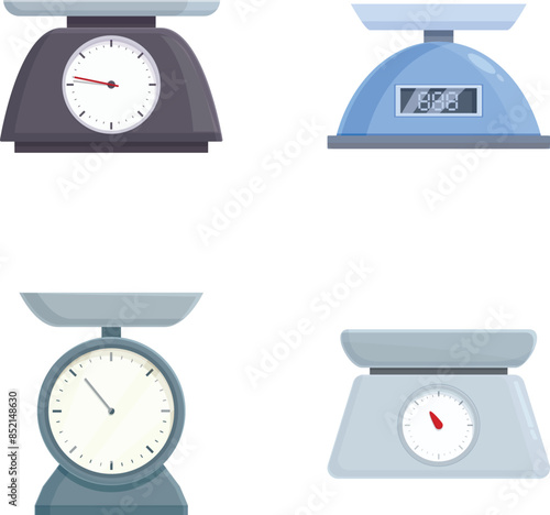 Vector graphics featuring four types of kitchen weighing scales, ideal for cooking and baking themes