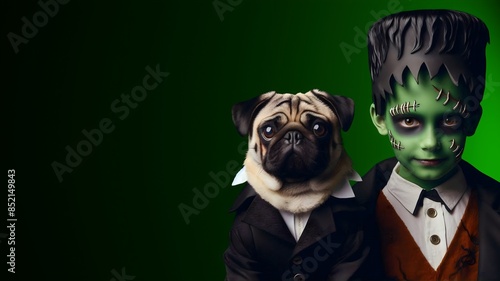 Halloween Photo of Pug Puppy with Boy Dressed as Frankenstein - Neutral Background with Green Indirect Light