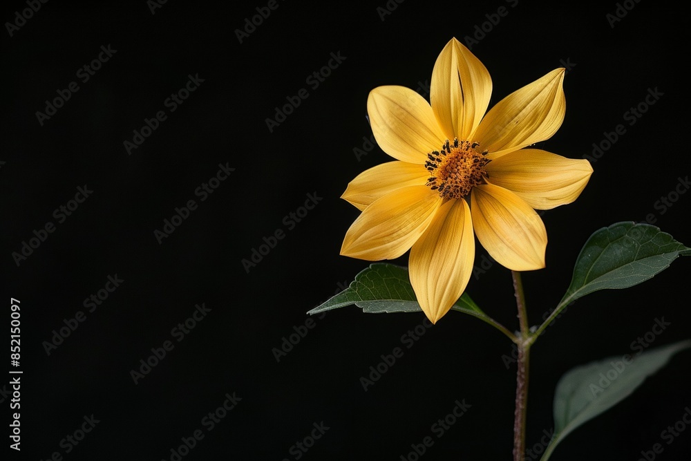 Fototapeta premium flower Photography, Helianthus annuus Sunrich Lemon, copy space on right, Close up view, Isolated on Black Background