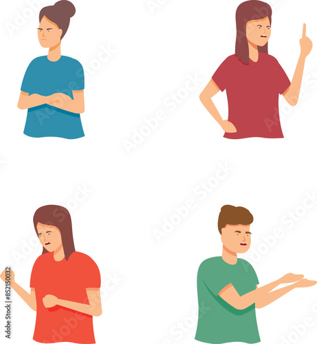 Illustrations of four people with negative gestures, showing disapproval and disagreement