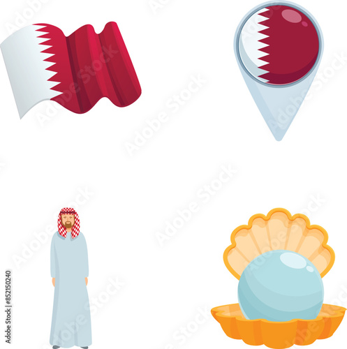 Collection of qatari cultural icons, including the flag, map pin, traditional attire, and a pearl