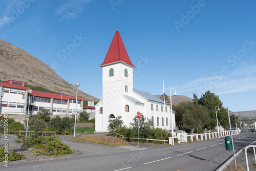 Church of town of Patreksfjordur in west Iceland photo