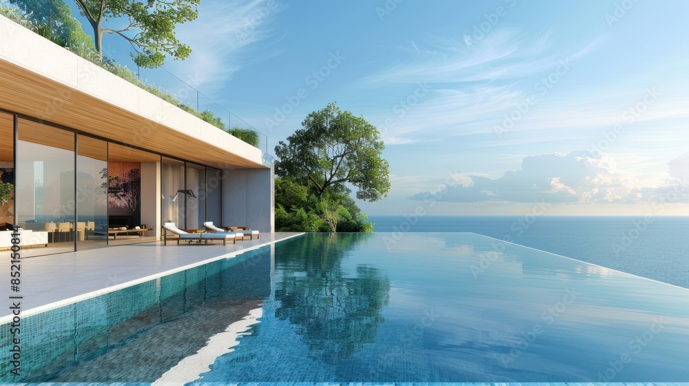 Fototapeta premium Modern Villa with Infinity Pool Overlooking Ocean