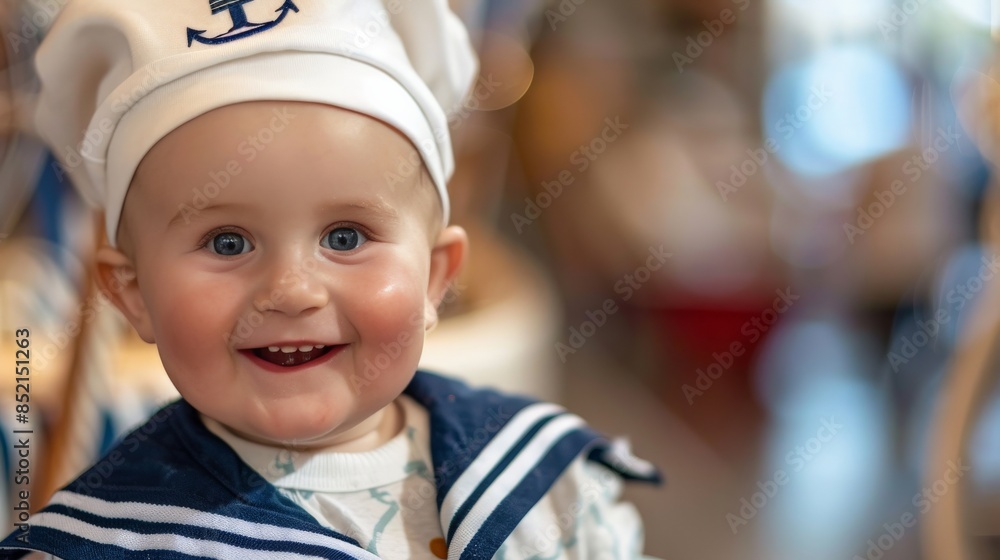 Infant boy in a sailor outfit, giving a charming smile at a nautical-themed fashion event Infant boy in a sailor outfit, giving a charming smile at a nautical-themed fashion event