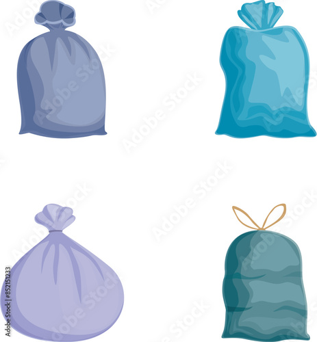 Illustration of four different colored garbage or trash bags isolated on white background