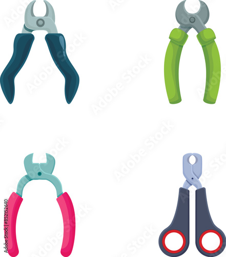 Collection of four colorful cartoonstyle pliers and scissors vector icons isolated on white