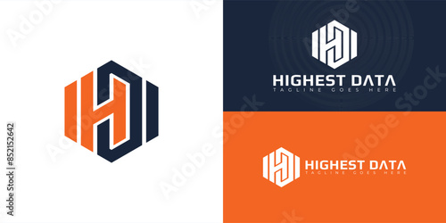 Abstract initial hexagon letters HD or DH logo in orange-navy color isolated on multiple background colors. The logo is suitable for business and technology logo vector design illustration inspiration