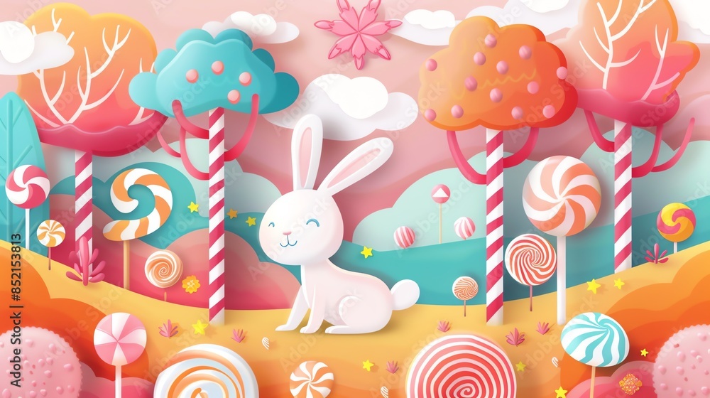 Obraz premium Whimsical digital painting of a rabbit in a candy land