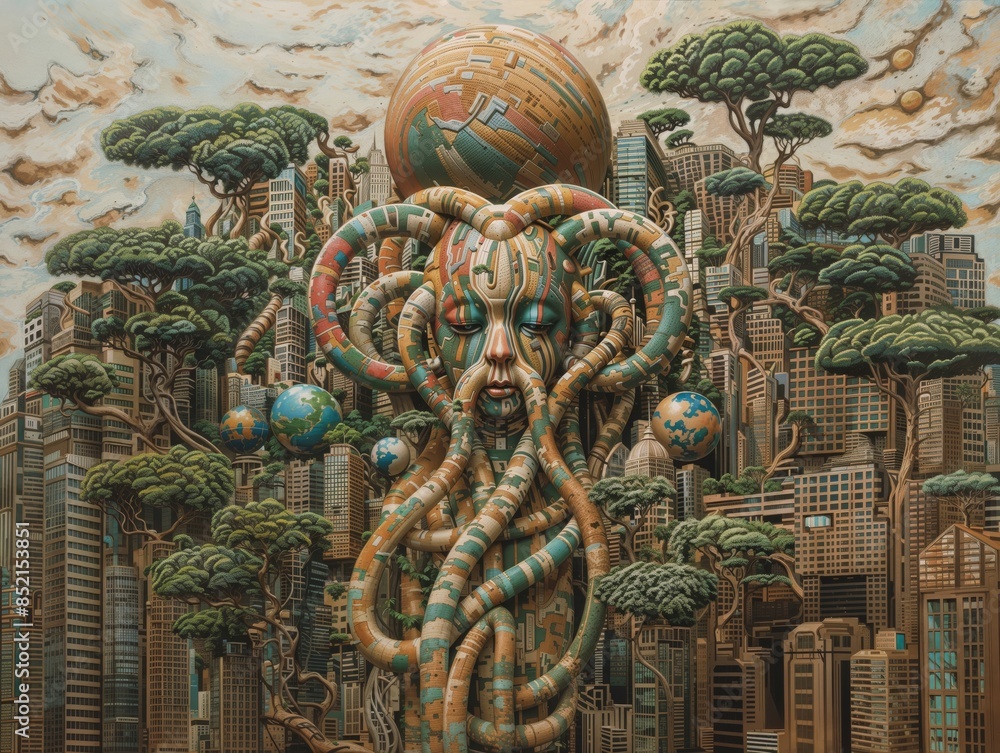 Fototapeta premium Surreal Futuristic Cityscape with Abstract Tree Sculpture and Organic Elements
