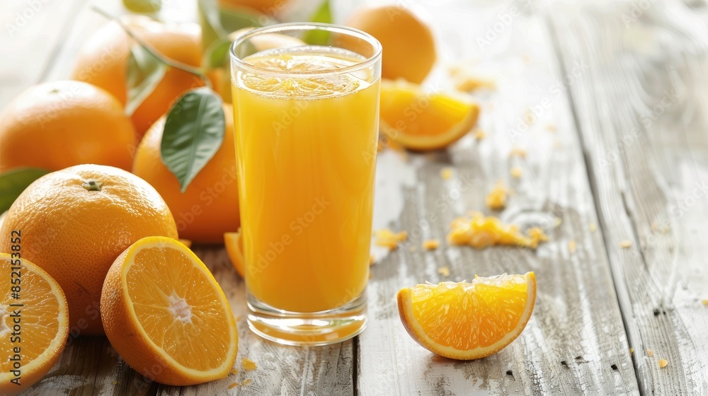 Freshly squeezed juice made from ripe juicy oranges displayed on a white wooden table Room for text Freshly squeezed juice made from ripe juicy oranges displayed on a white wooden table Room for text