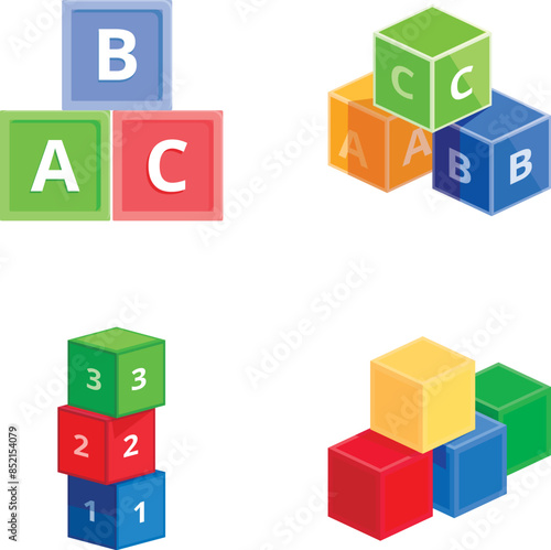 Isometric vector illustration of letter and digit toy blocks in vibrant colors, isolated