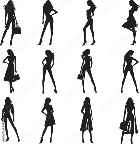  standing woman silhoutte set vector style with white color background