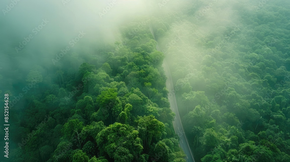 Captured from above a lush forest intertwines with a winding highway shrouded in morning fog as seen through the lens of a drone The verdant canopy serves as a backdrop symbolizing carbon n Captured from above a lush forest intertwines with a winding highway shrouded in morning fog as seen through the lens of a drone The verdant canopy serves as a backdrop symbolizing carbon n