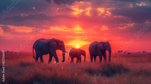 Elephants Walking in African Savanna at Sunset © Seasonal Wilderness