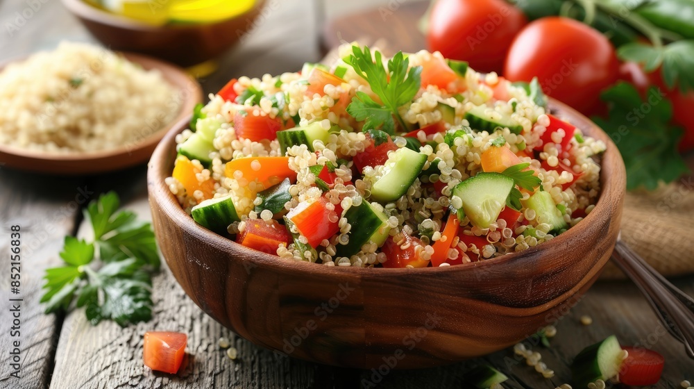 Tasty vegetarian quinoa salad with bell pepper cucumber and tomatoes Tasty vegetarian quinoa salad with bell pepper cucumber and tomatoes