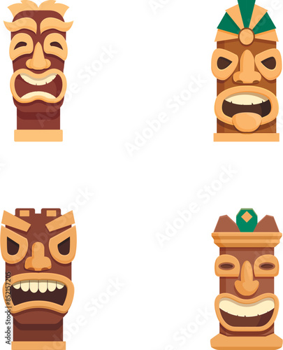 Collection of four stylized vector icons representing tribal tiki masks with different expressions