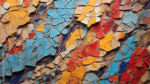 a painted wooden surface with multiple layers of paint peeling away, revealing a mosaic of colors and textures that create a rich, textured background full of visual interest