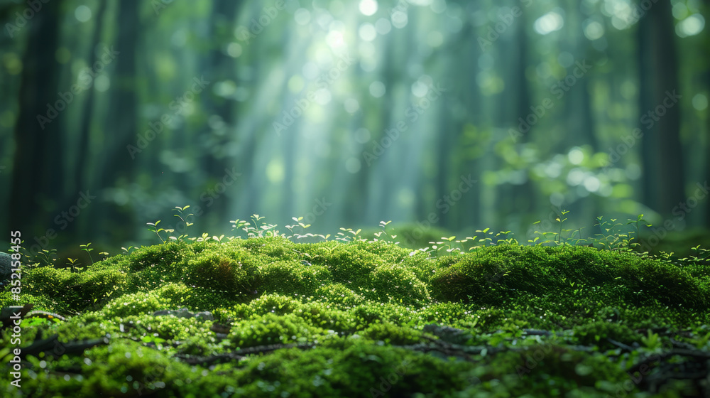 Fototapeta premium Green moss and background. Backdrop for displaying products. Dark forest background