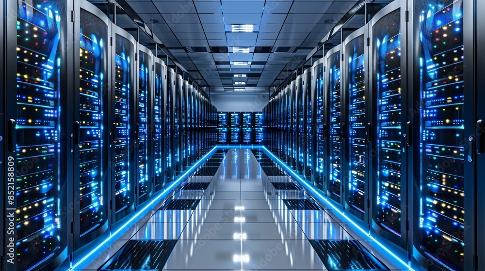 Obraz premium Data Center Corridor with Server Racks. High Internet Visualisation Projection, server technology datum network, web security