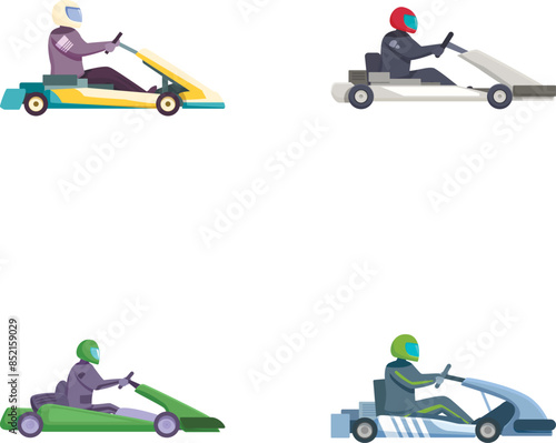 Collection of four gokart racing illustrations with drivers in different colored karts