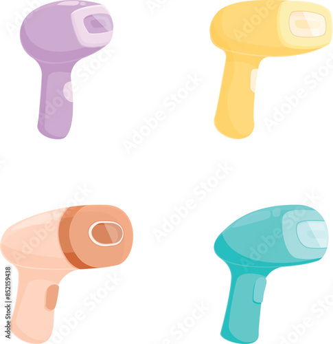 Four cute colorful cartoonstyle hair dryers isolated on a white background