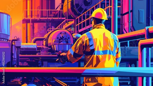 Engineer overseeing industrial machinery in vibrant, abstract, neon colors, capturing the essence of modern technology and industry.