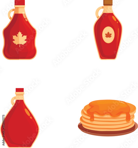 Set of cartoonstyle maple syrup bottles and pancakes with syrup topping