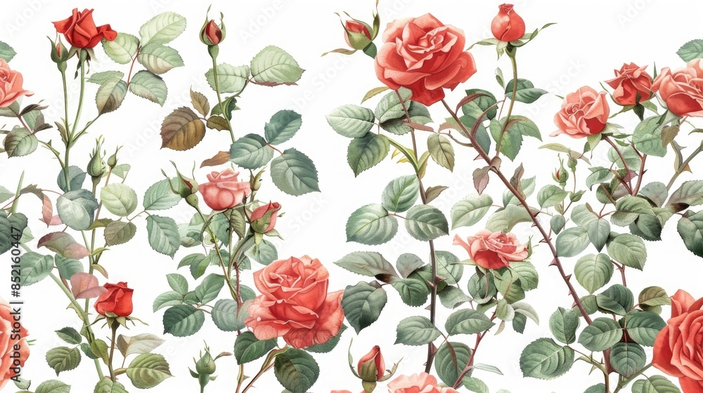 A captivating botanical illustration capturing the essence of rose bushes in watercolor Bursting with vivid red and pink roses blossoming buds delicate flowers and lush foliage intertwined A captivating botanical illustration capturing the essence of rose bushes in watercolor Bursting with vivid red and pink roses blossoming buds delicate flowers and lush foliage intertwined