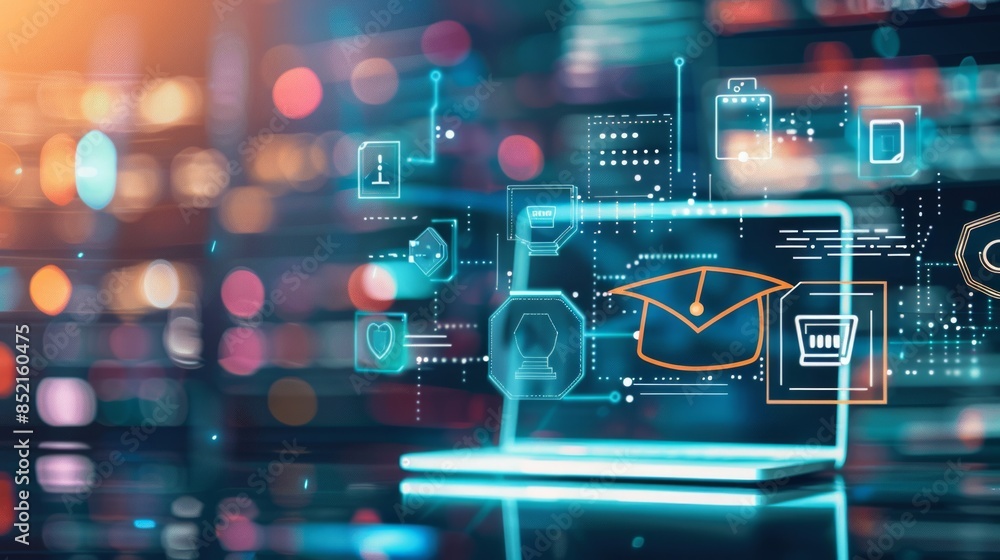 Digital education concept with icons of computer, graduation cap and school board on blurred background. Digital learning online system for distance education or futuristic new AI technology Digital education concept with icons of computer, graduation cap and school board on blurred background. Digital learning online system for distance education or futuristic new AI technology