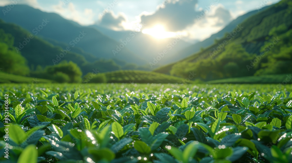 Green tea plantation at sunrise time,nature background Green tea plantation at sunrise time,nature background