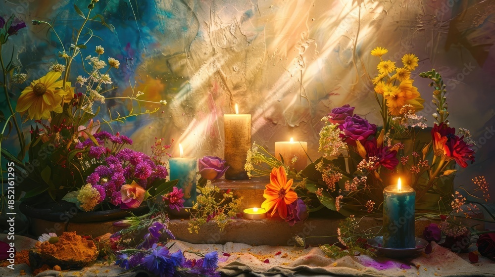 Decorated with vibrant flowers and flickering candles against an abstract backdrop of soft light the altar is a powerful symbol of the Celtic Wiccan sabbat Litha marking the Summer Solstice Decorated with vibrant flowers and flickering candles against an abstract backdrop of soft light the altar is a powerful symbol of the Celtic Wiccan sabbat Litha marking the Summer Solstice