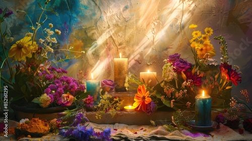 Decorated with vibrant flowers and flickering candles against an abstract backdrop of soft light the altar is a powerful symbol of the Celtic Wiccan sabbat Litha marking the Summer Solstice