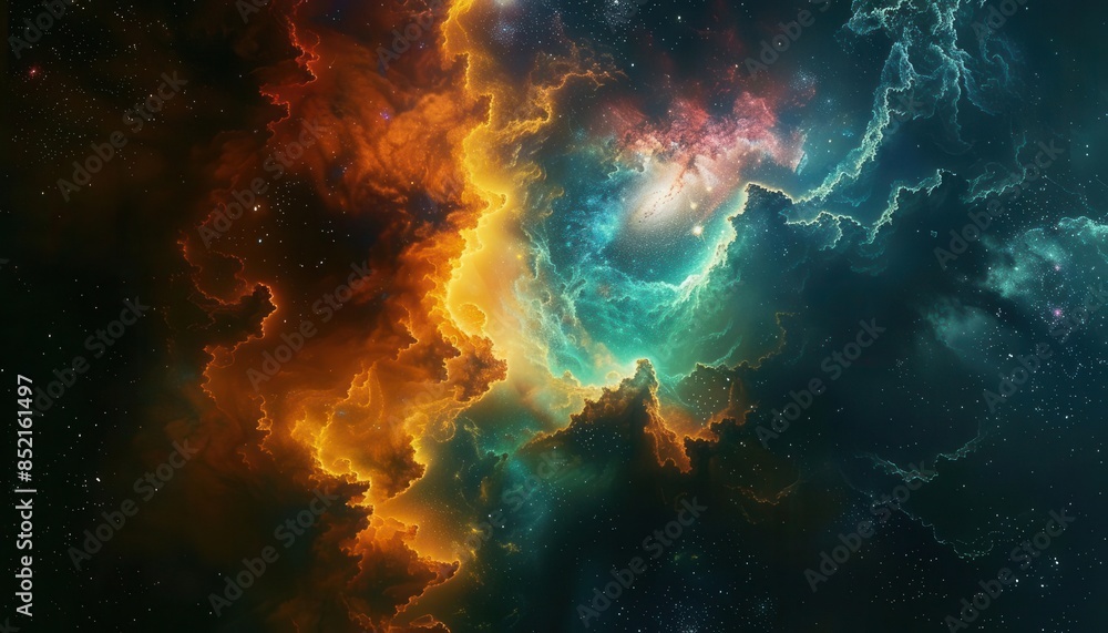 majestic space nebula and distant galaxy in cosmic void abstract digital illustration majestic space nebula and distant galaxy in cosmic void abstract digital illustration