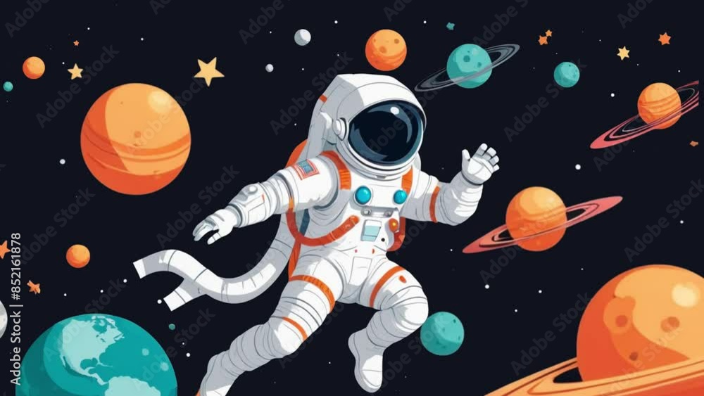 astronaut animation in space sailing among the ocean of planets, 4k high resolution video astronaut animation in space sailing among the ocean of planets, 4k high resolution video