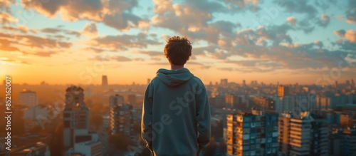 Back view of a man wearing sweatshirt standing on a high place with sky and city blurred background AI generated