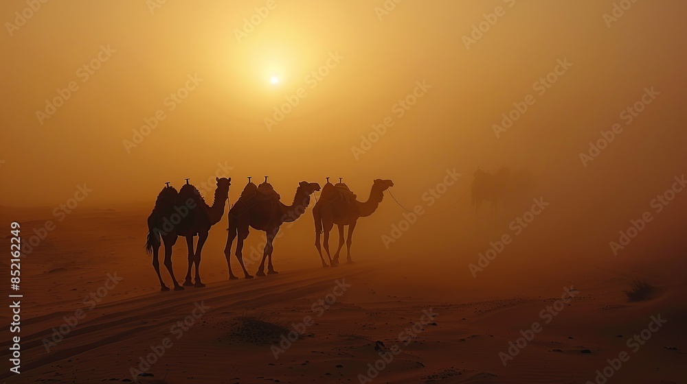 8K Image of Camel Journeying Through Desert, Approaching Distant City Wall