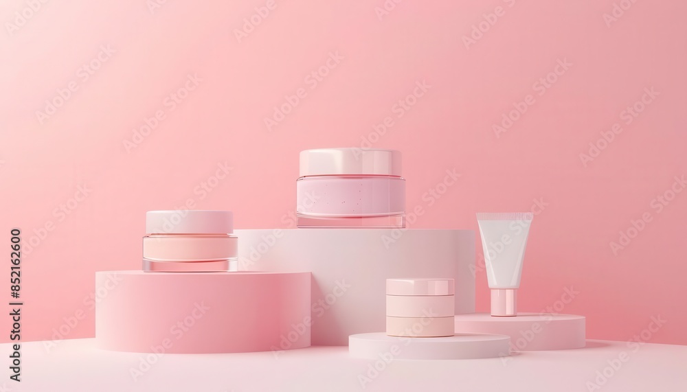 minimalist pastel cosmetic product display on cylinder platform 3d render minimalist pastel cosmetic product display on cylinder platform 3d render