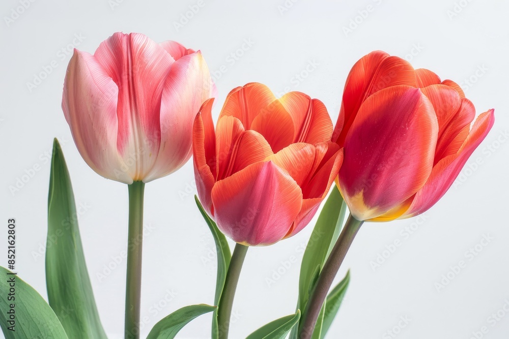 three Double Early Tulips in studio, white copy space on right side, Comport, bliss, close up, Studio Lighting, Flower Photography, Isolated on white Background three Double Early Tulips in studio, white copy space on right side, Comport, bliss, close up, Studio Lighting, Flower Photography, Isolated on white Background