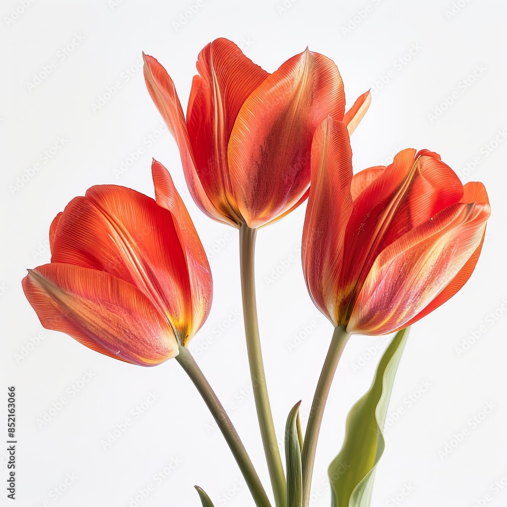 Fototapeta premium three Kaufmanniana Tulips in studio, white copy space on right side, Comport, bliss, close up, Studio Lighting, Flower Photography, Isolated on white Background